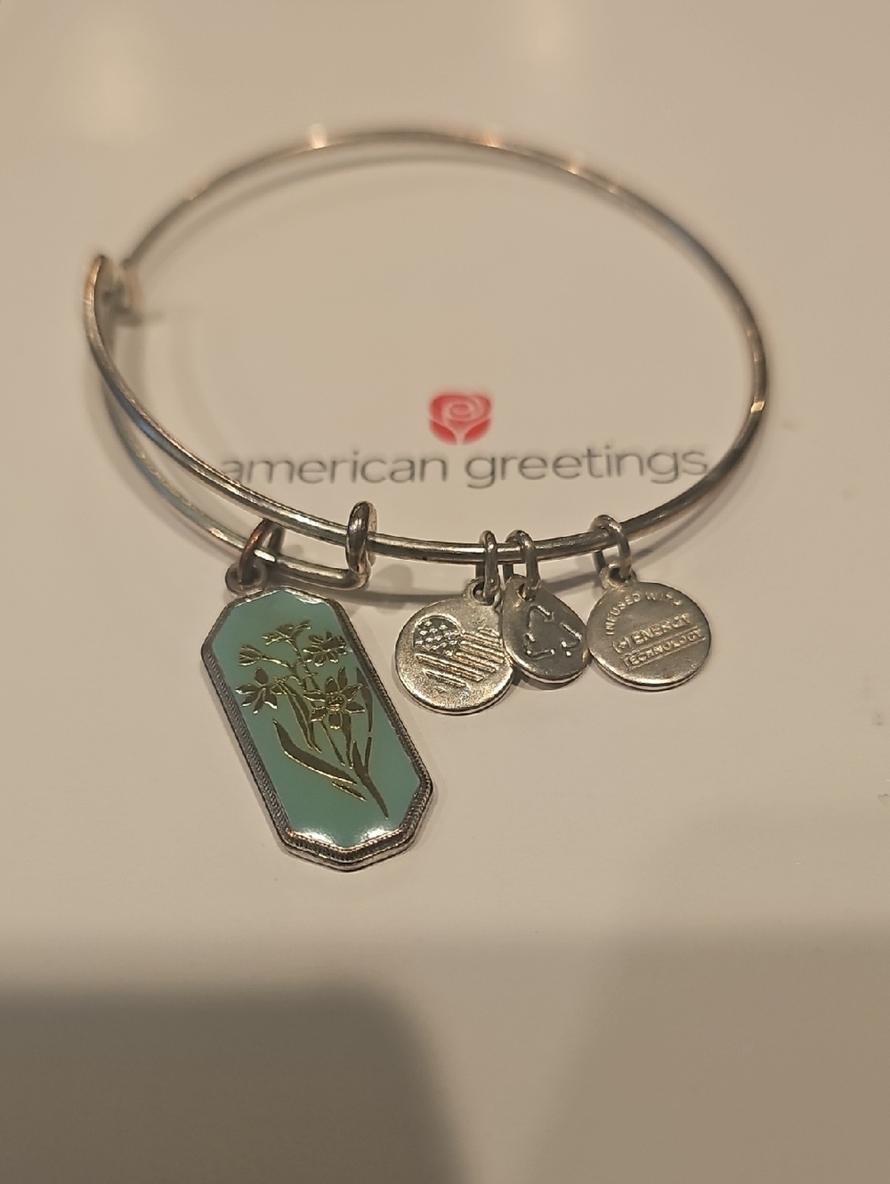 Alex and Ani Silver Expandable Bangle w/ Turquoise Enamel JONGUIL Floral Charm